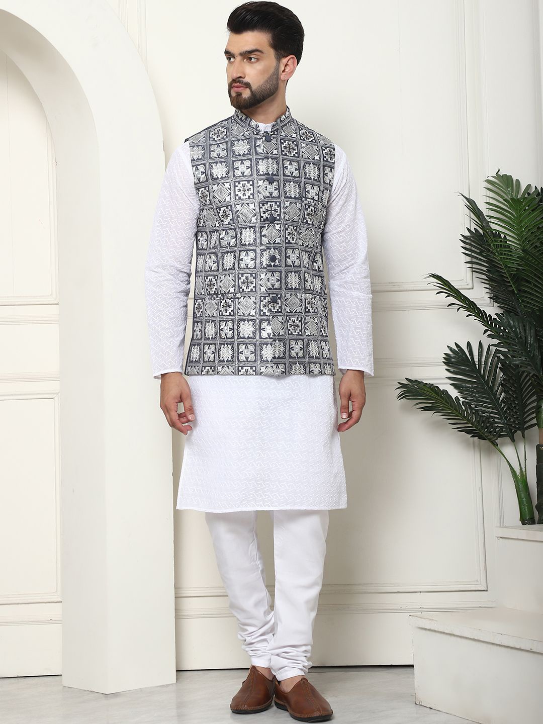 SOJANYA Embroidered Chikankari Pure Cotton Kurta With Churidar & Nehru Jacket, White
SOJANYA Embroidered Chikankari Pure Cotton Kurta With Churidar & Nehru Jacket, White