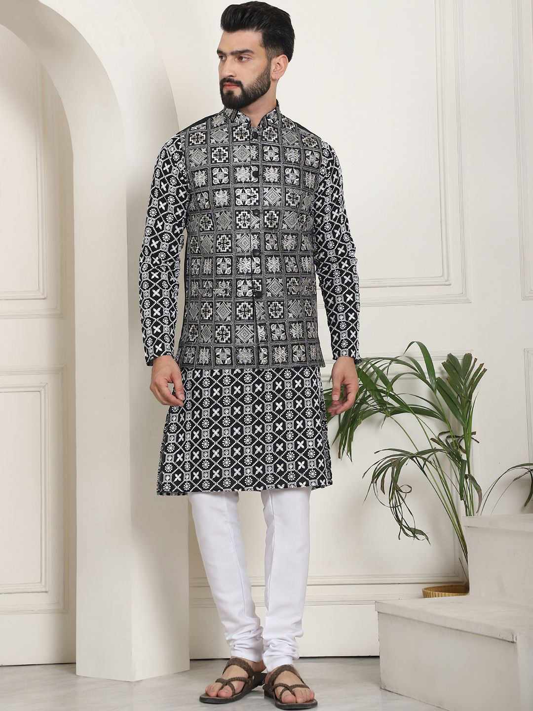 SOJANYA Embroidered Thread Work Cotton Silk Kurta With Churidar & Nehru Jacket, Black
SOJANYA Embroidered Thread Work Cotton Silk Kurta With Churidar & Nehru Jacket, Black