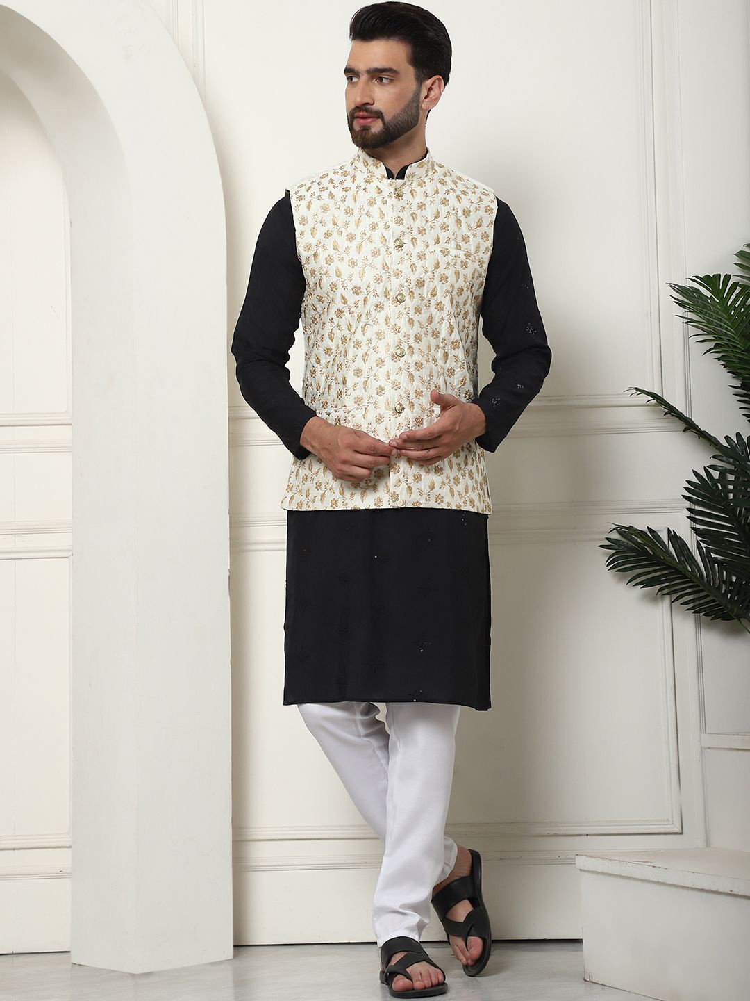 SOJANYA Floral Embroidered Thread Work Cotton Silk Kurta With Churidar & Nehru Jacket, Black
SOJANYA Floral Embroidered Thread Work Cotton Silk Kurta With Churidar & Nehru Jacket, Black