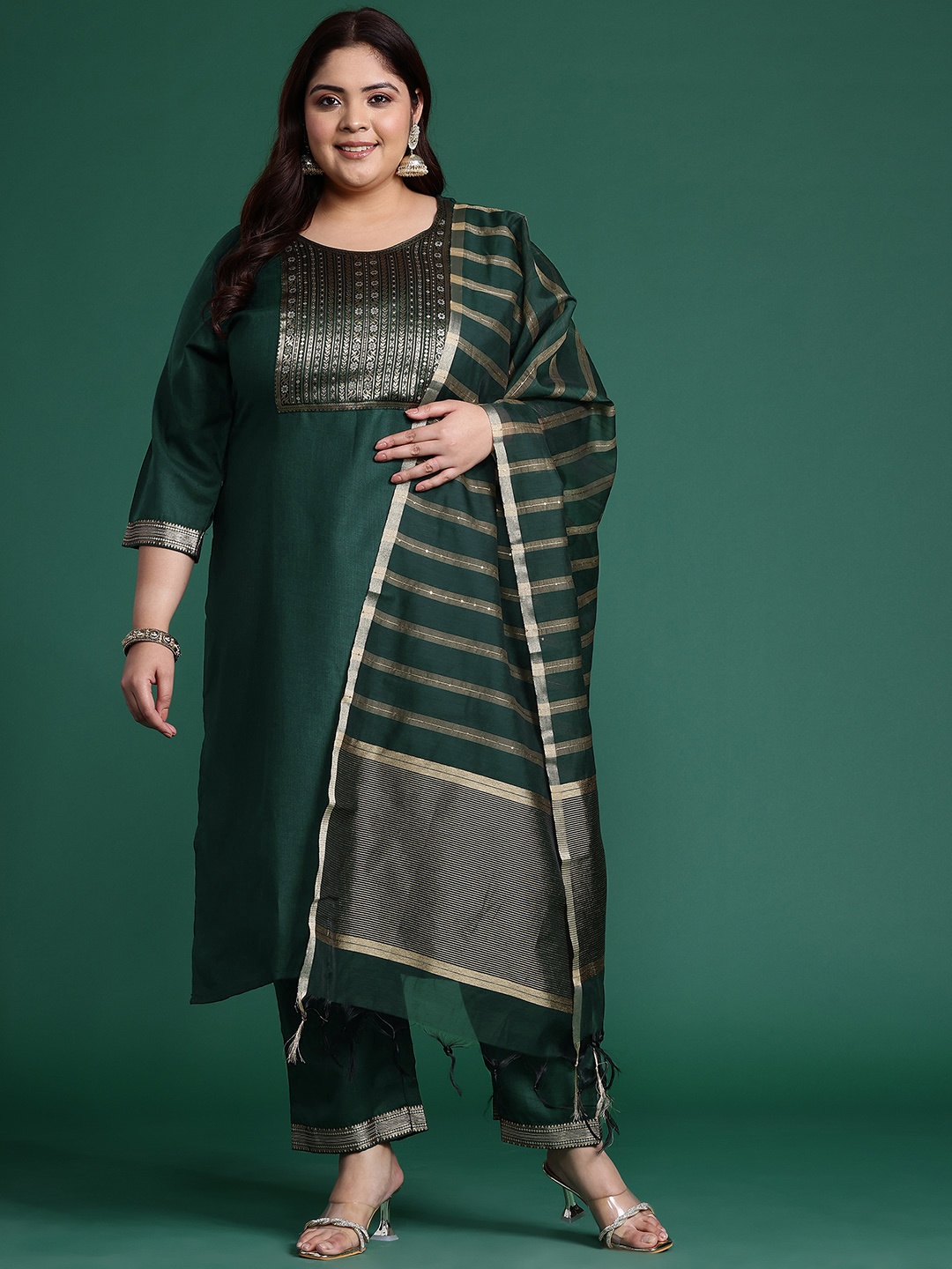 Indo Era Plus Size Yoke Design Zari Pure Cotton Kurta With Trousers & Dupatta, Green
Indo Era Plus Size Yoke Design Zari Pure Cotton Kurta With Trousers & Dupatta, Green