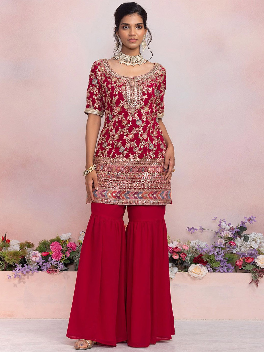 Indya Luxe Floral Embroidered Scoop Neck Sequinned Kurti With Sharara & Dupatta, Pink
Indya Luxe Floral Embroidered Scoop Neck Sequinned Kurti With Sharara & Dupatta, Pink