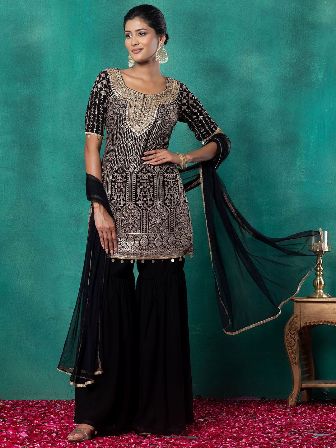 Indya Luxe Floral Embroidered Thread Work Straight Kurti With Sharara & Dupatta, Black
Indya Luxe Floral Embroidered Thread Work Straight Kurti With Sharara & Dupatta, Black