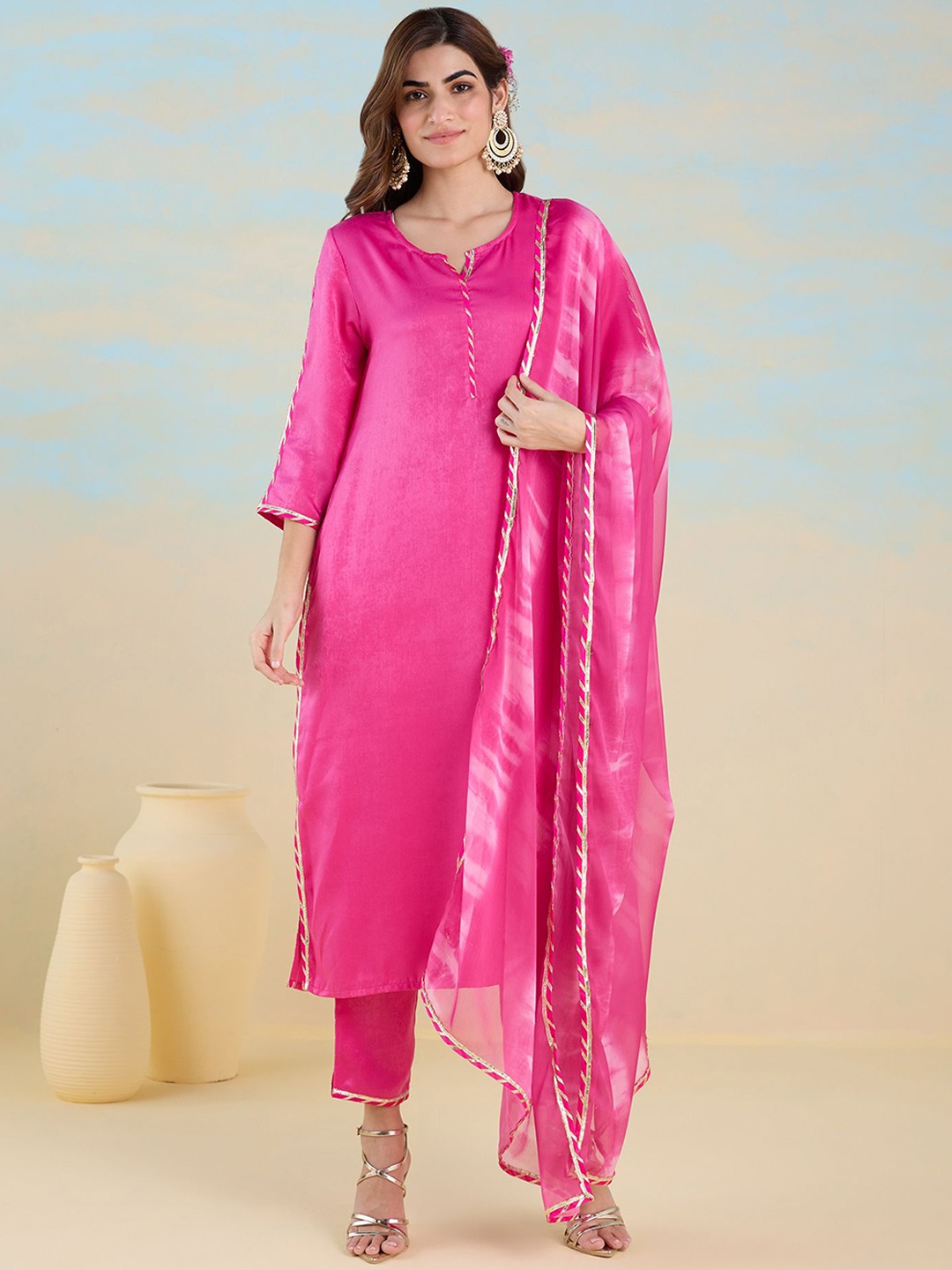 Likha Notched Neck Gotta Patti Satin Straight Kurta with Trousers & With Dupatta, Pink
Likha Notched Neck Gotta Patti Satin Straight Kurta with Trousers & With Dupatta, Pink