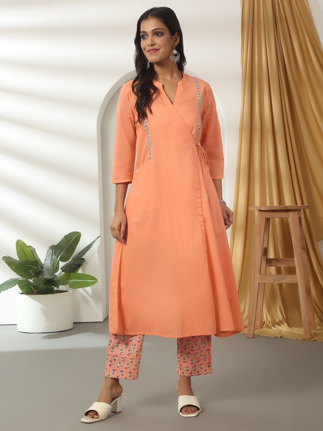 Likha Pure Cotton Angrakha Embroidered Kurta with Tassle & Hand Block Printed Pant, Peach
Likha Pure Cotton Angrakha Embroidered Kurta with Tassle & Hand Block Printed Pant, Peach