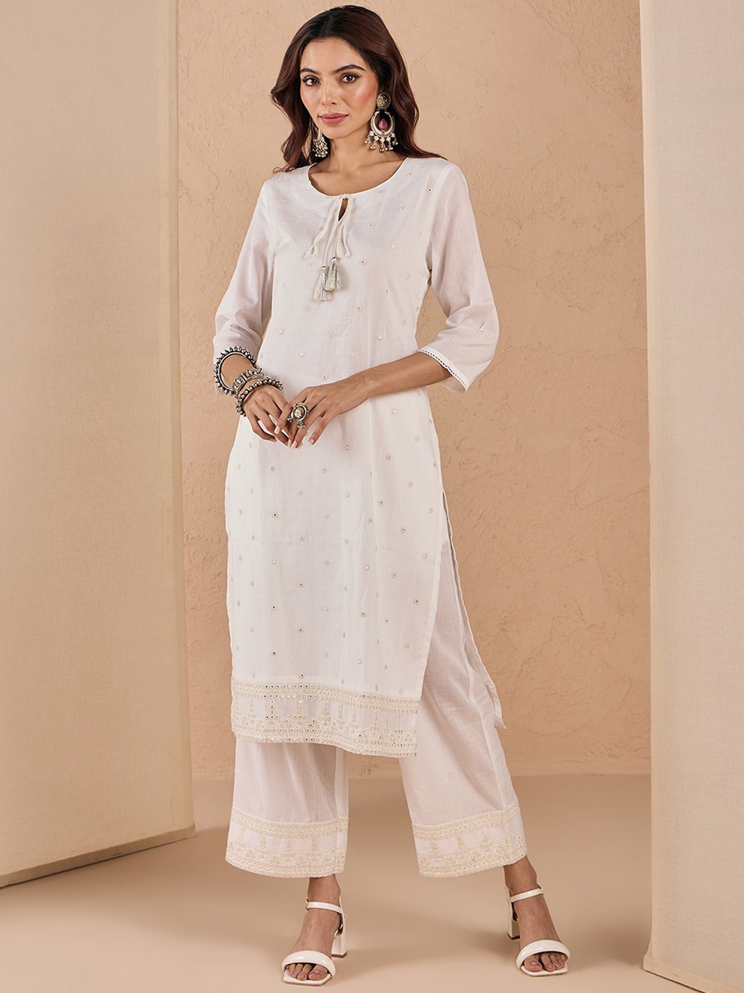Likha Geometric Embroidered Mirror Work Pure Cotton Straight Kurta with Palazzos & Dupatta, White
Likha Geometric Embroidered Mirror Work Pure Cotton Straight Kurta with Palazzos & Dupatta, White