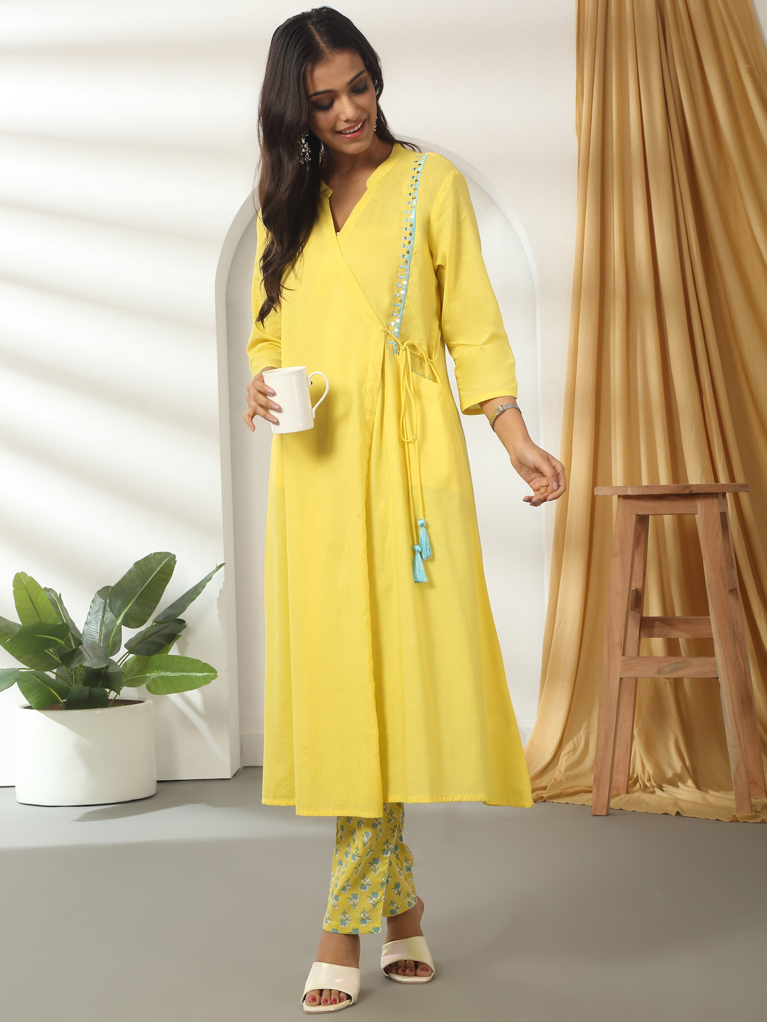 Likha Pure Cotton Angrakha Embroidered Kurta with Tassle & Hand Block Printed Pant, Green
Likha Pure Cotton Angrakha Embroidered Kurta with Tassle & Hand Block Printed Pant, Green