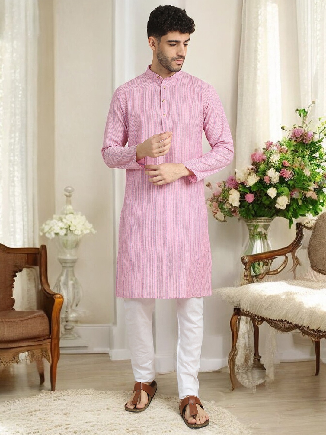Tattva Striped Woven Design Band Collar Pure Cotton Straight Kurta With Trousers, Pink
Tattva Striped Woven Design Band Collar Pure Cotton Straight Kurta With Trousers, Pink