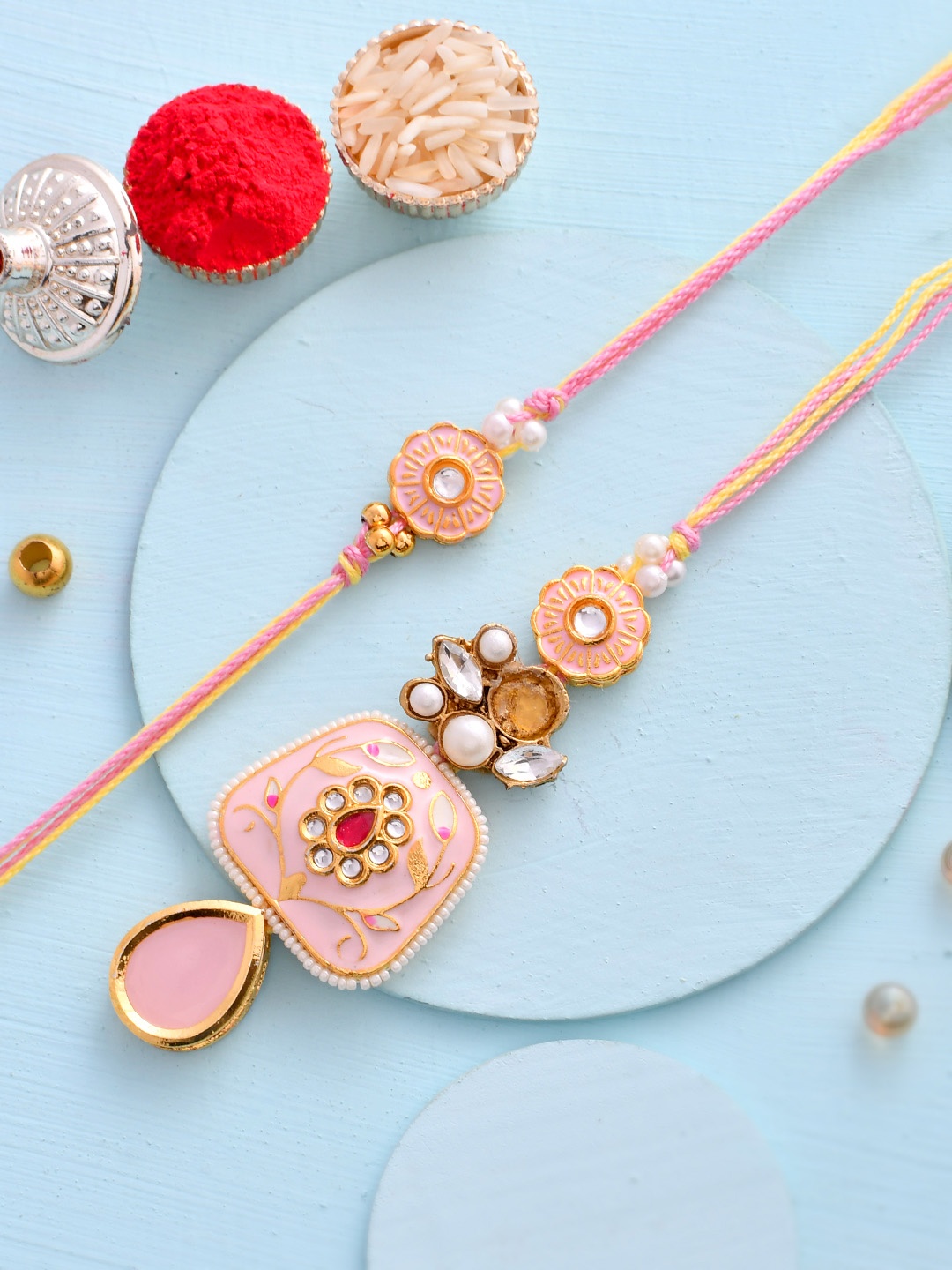 House of Pataudi Set Of 2 Kundan-Studded & Beaded Rakhi With Roli Rice & Greeting Card, Peach
House of Pataudi Set Of 2 Kundan-Studded & Beaded Rakhi With Roli Rice & Greeting Card, Peach