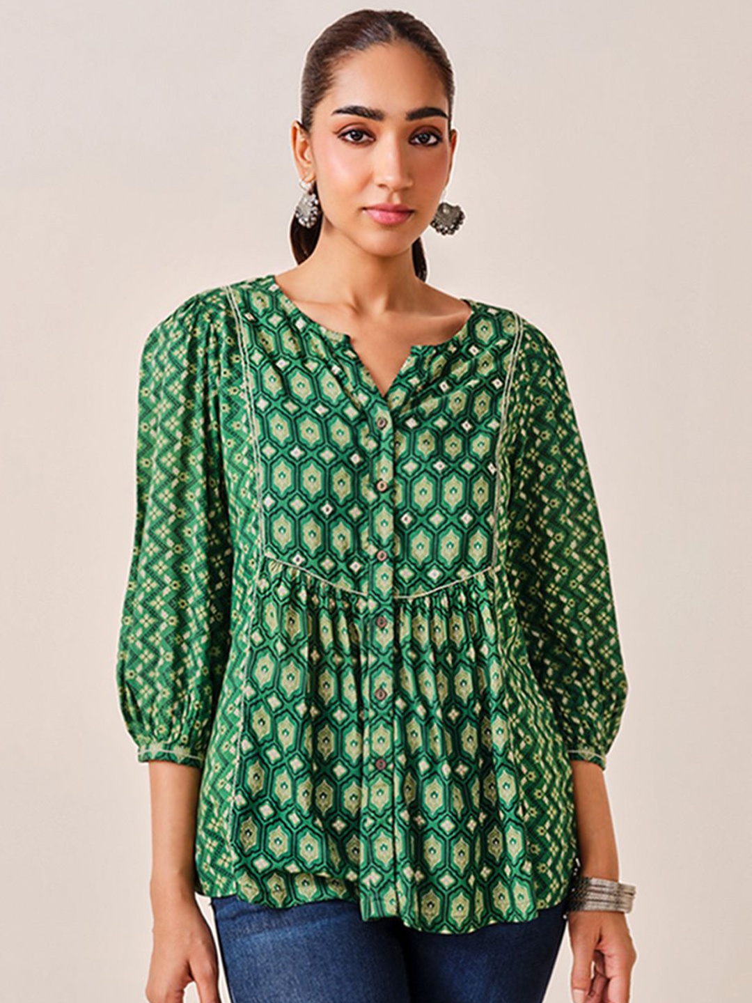 Global Desi Women Ethnic Motifs Print Mandarin Collar Puff Sleeve High-Low Top, Green
Global Desi Women Ethnic Motifs Print Mandarin Collar Puff Sleeve High-Low Top, Green
