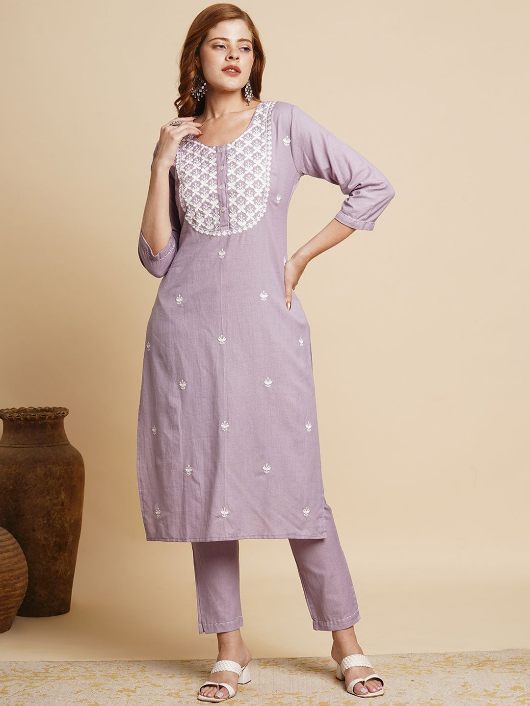 FASHOR Ethnic Motifs Embroidered Chikankari Straight Cotton Kurta With Trousers, Lavender
FASHOR Ethnic Motifs Embroidered Chikankari Straight Cotton Kurta With Trousers, Lavender
