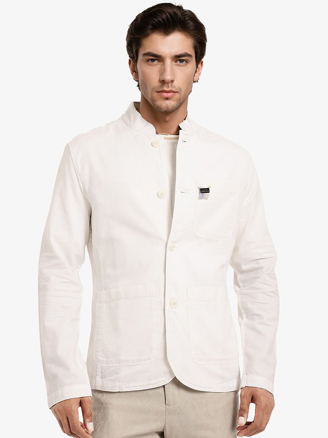 RARE RABBIT Men Cotton Solid Relaxed Fit Mandarin Collar Jacket, Off white 
RARE RABBIT Men Cotton Solid Relaxed Fit Mandarin Collar Jacket, Off white