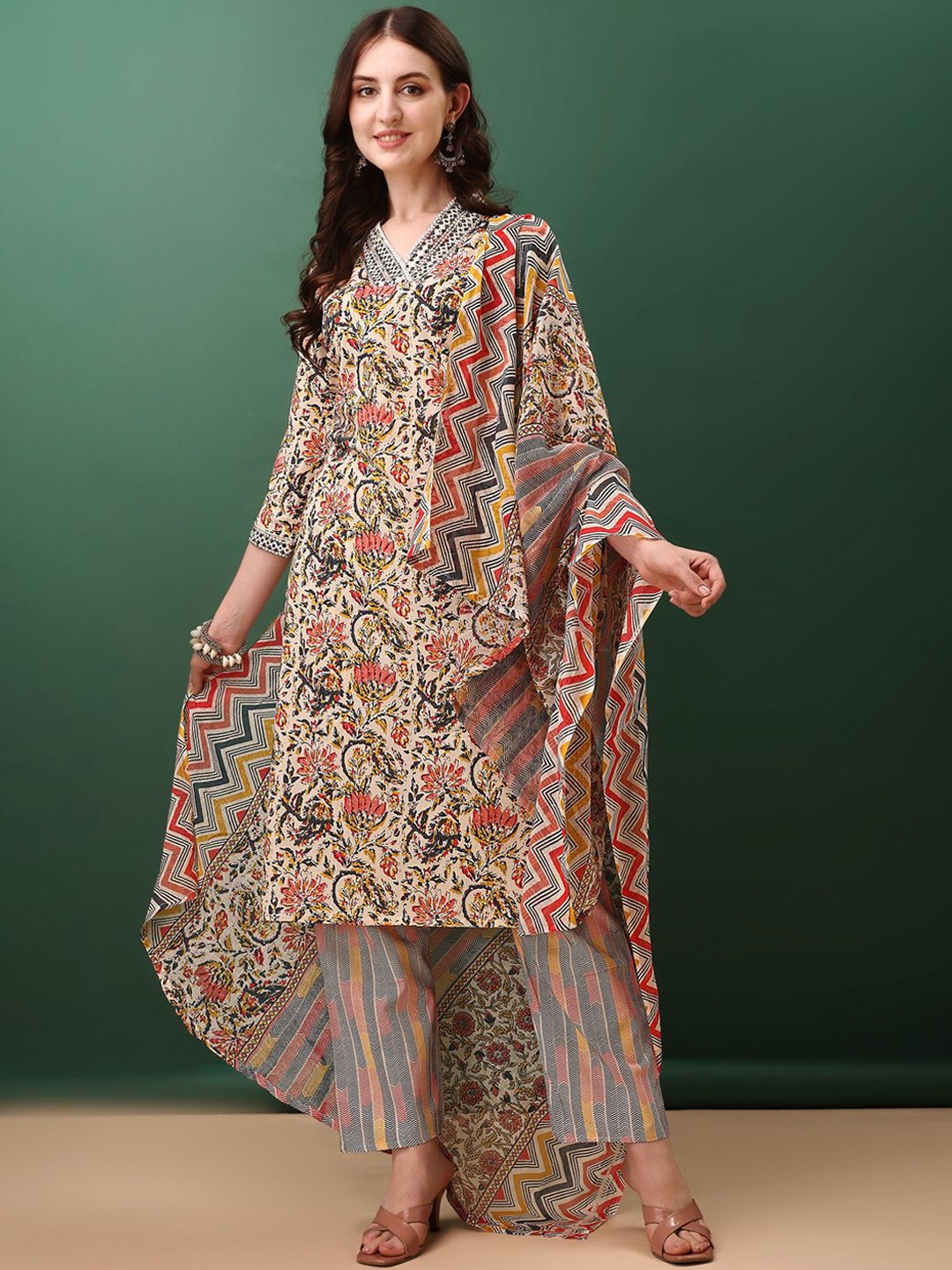 KALINI Floral Printed V-Neck Mirror Work Straight Kurta with Trousers & Dupatta, Cream
KALINI Floral Printed V-Neck Mirror Work Straight Kurta with Trousers & Dupatta, Cream