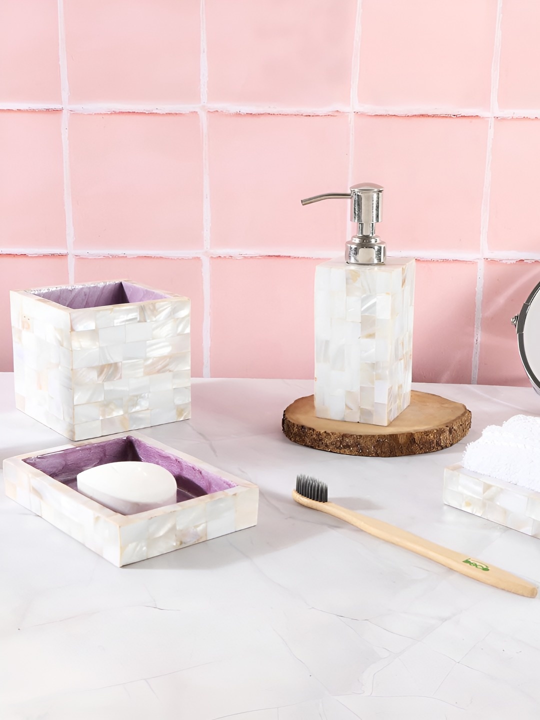 THE HOME CO. White & Purple 4 Pieces Geometric Printed Wooden Bath Accessories Set
THE HOME CO. White & Purple 4 Pieces Geometric Printed Wooden Bath Accessories Set