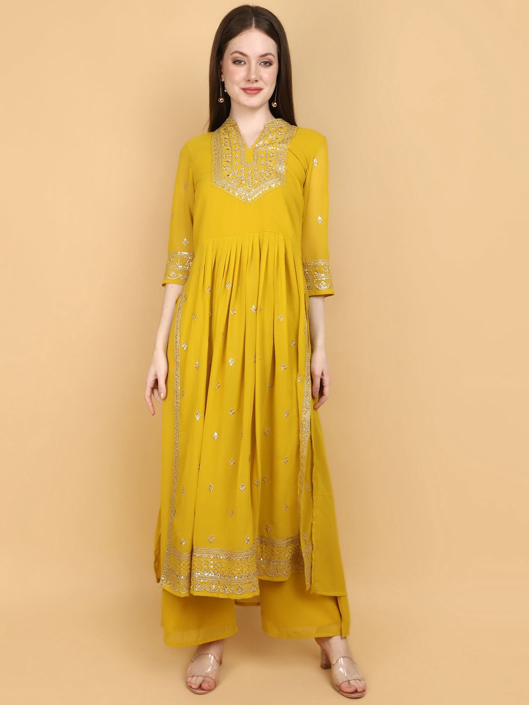 V-Mart Floral Embroidered Band Collar High Slit Sequinned Pure Cotton Kurta with Palazzos, Mustard
V-Mart Floral Embroidered Band Collar High Slit Sequinned Pure Cotton Kurta with Palazzos, Mustard
