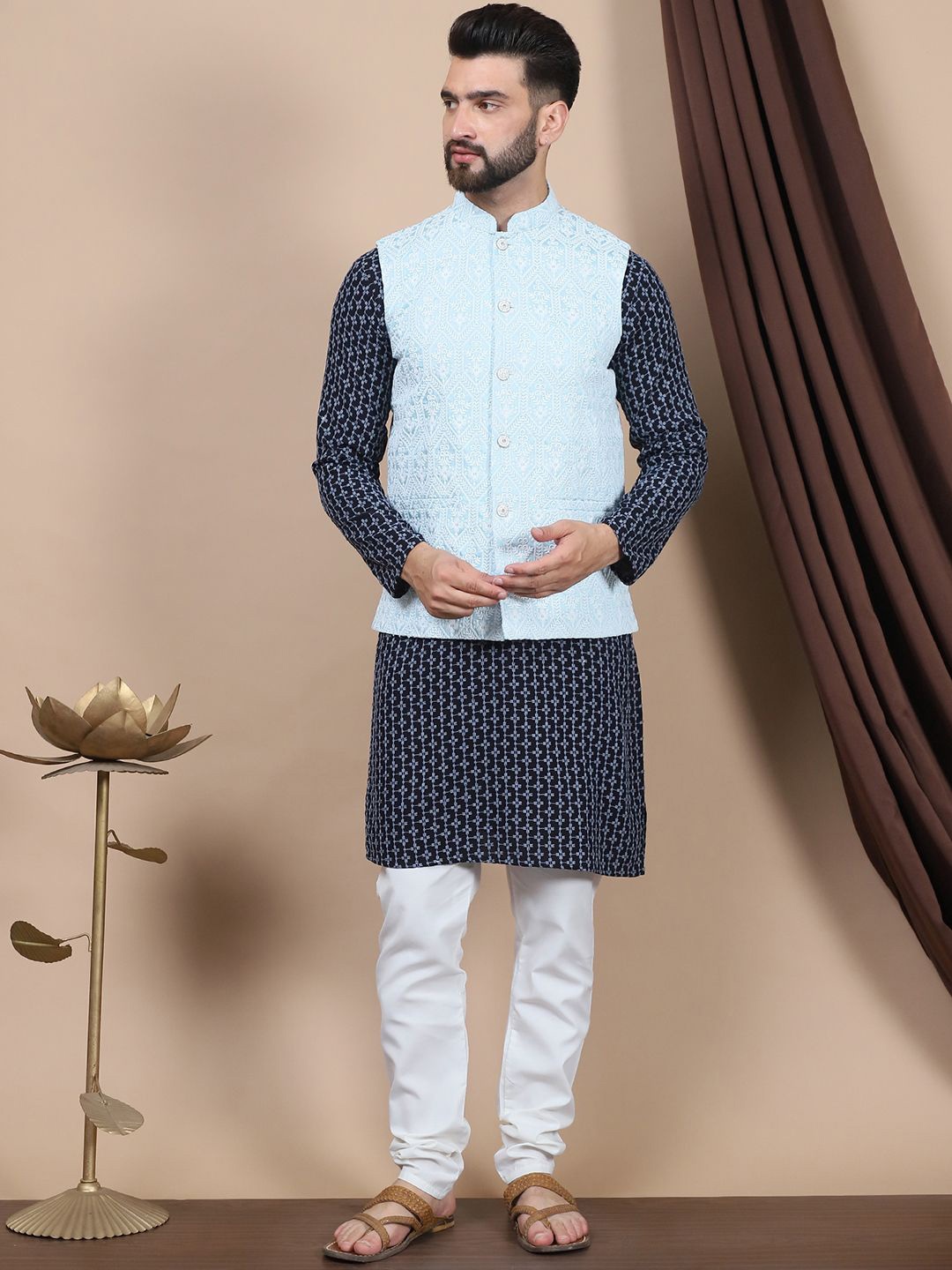 Anouk Grey Ethnic Motifs Embroidered Pure Cotton Straight Kurta & Churidar & Nehru Jacket
Anouk Grey Ethnic Motifs Embroidered Pure Cotton Straight Kurta & Churidar & Nehru Jacket