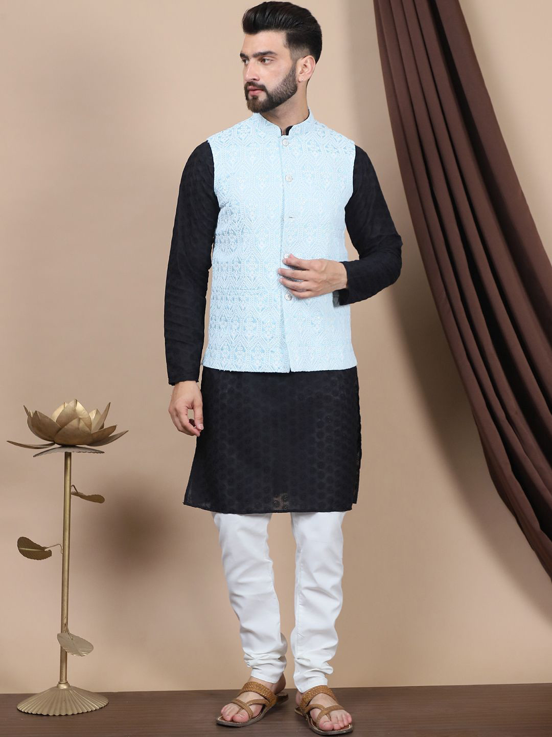 Anouk Black Geometric Woven Design Pure Cotton Straight Kurta & Churidar & Nehru Jacket
Anouk Black Geometric Woven Design Pure Cotton Straight Kurta & Churidar & Nehru Jacket