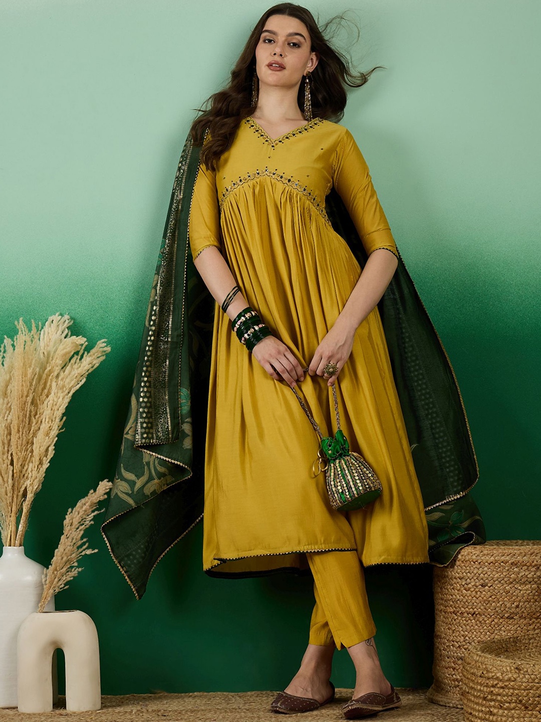all about you Floral Yoke Design Pleated Thread Work A-Line Kurta With Trousers & Dupatta, Yellow
all about you Floral Yoke Design Pleated Thread Work A-Line Kurta With Trousers & Dupatta, Yellow