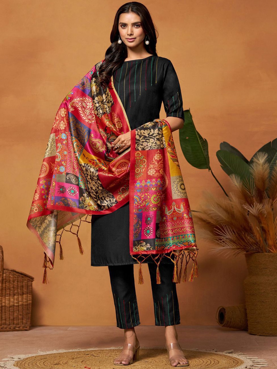 Sangria Striped Embroidered Thread Work Straight Kurta With Trouser & Dupatta, Black
Sangria Striped Embroidered Thread Work Straight Kurta With Trouser & Dupatta, Black