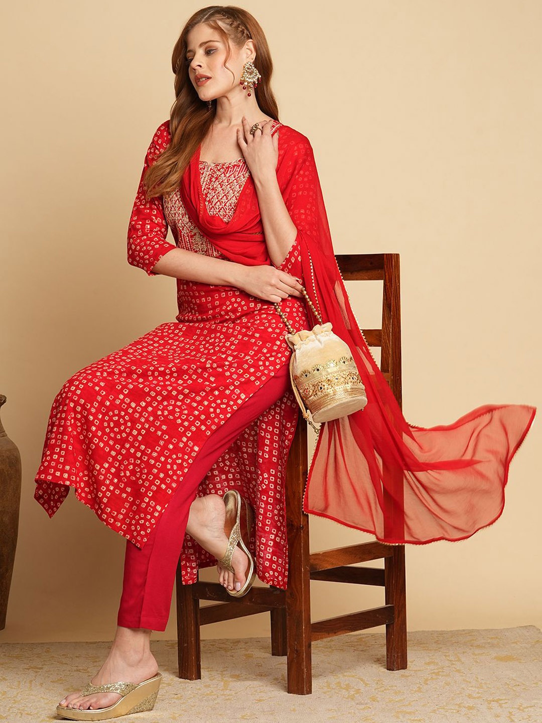 Anni Designer Bandhani Printed Thread Work Straight Kurta With Trousers & Dupatta, Red
Anni Designer Bandhani Printed Thread Work Straight Kurta With Trousers & Dupatta, Red