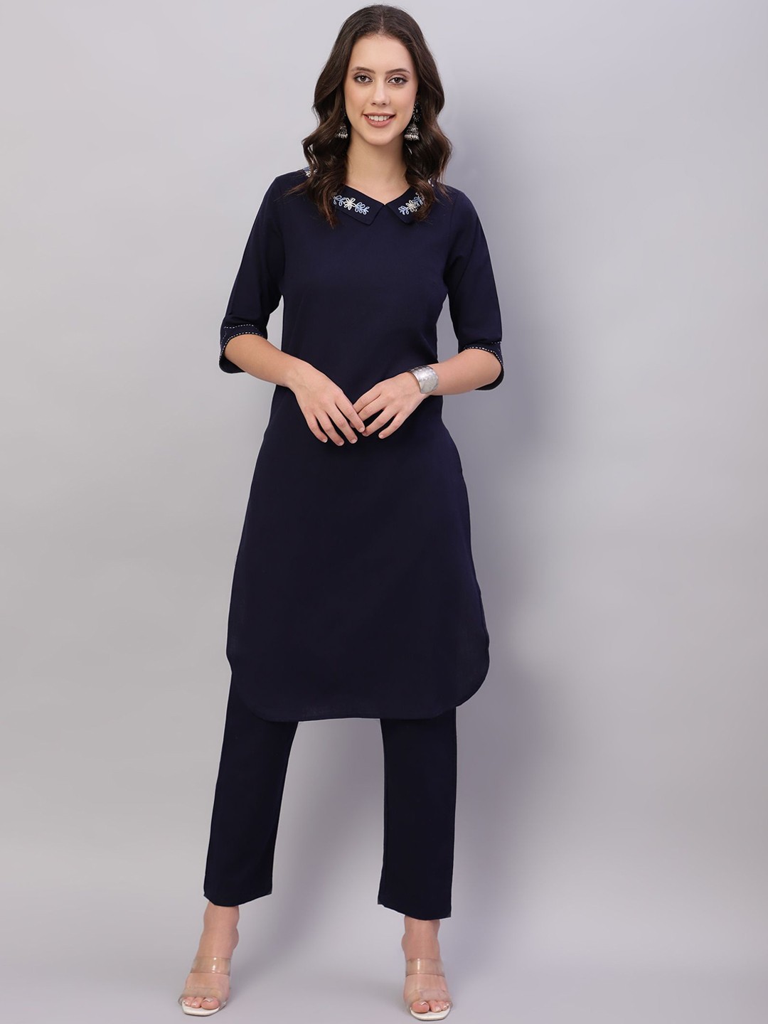FLAMBOYANT Floral Yoke Design Thread Work Pure Cotton Straight Kurta With Trousers, Navy blue
FLAMBOYANT Floral Yoke Design Thread Work Pure Cotton Straight Kurta With Trousers, Navy blue