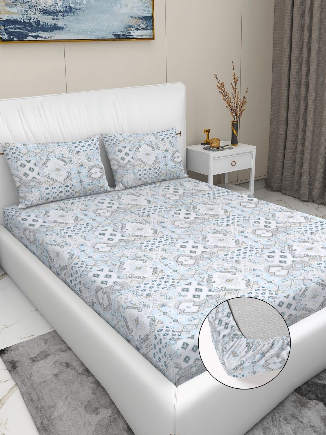 RD TREND Blue & White Printed 210 TC Pure Cotton Fitted King Bedsheet with 2 Pillow Covers
RD TREND Blue & White Printed 210 TC Pure Cotton Fitted King Bedsheet with 2 Pillow Covers