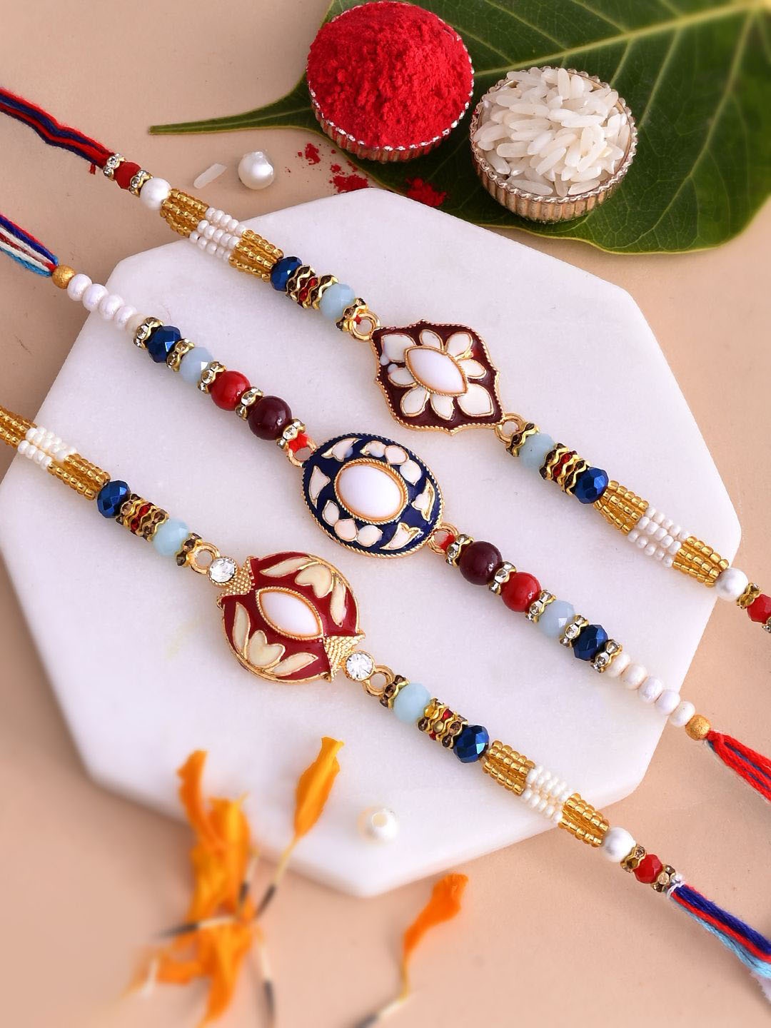 Aapno Rajasthan Men Set Of 3 Beaded Enamelled Thread Rakhis With Roli Rice & Greeting Card, Gold
Aapno Rajasthan Men Set Of 3 Beaded Enamelled Thread Rakhis With Roli Rice & Greeting Card, Gold