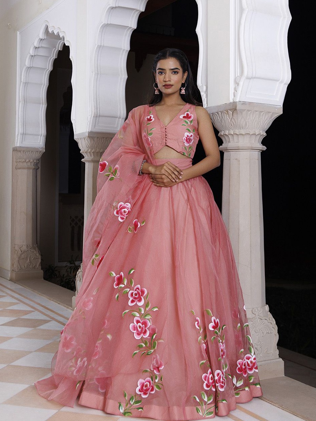 Ragavi Embroidered V-Neck Organza Ready to Wear Lehenga & Blouse With Dupatta, Peach
Ragavi Embroidered V-Neck Organza Ready to Wear Lehenga & Blouse With Dupatta, Peach