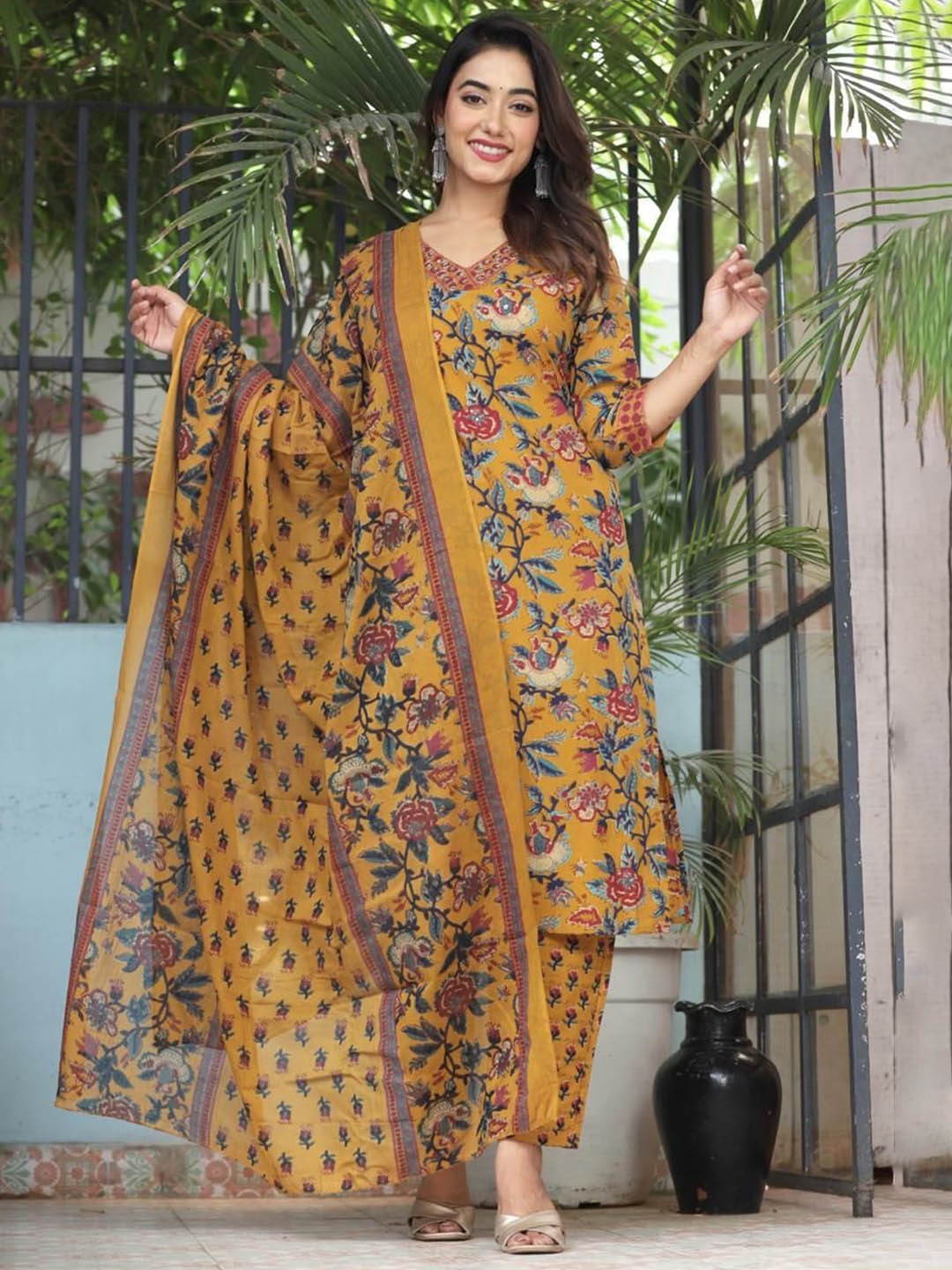 KALINI Floral Printed V Neck Regular Straight Kurta With Trousers & Dupatta, Mustard
KALINI Floral Printed V Neck Regular Straight Kurta With Trousers & Dupatta, Mustard