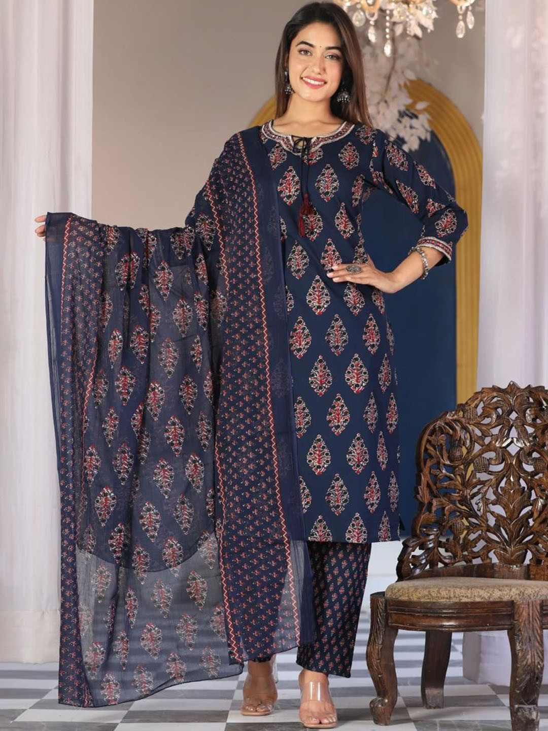 KALINI Ethnic Motifs Printed Regular Straight Kurta With Trousers & Dupatta, Blue
KALINI Ethnic Motifs Printed Regular Straight Kurta With Trousers & Dupatta, Blue