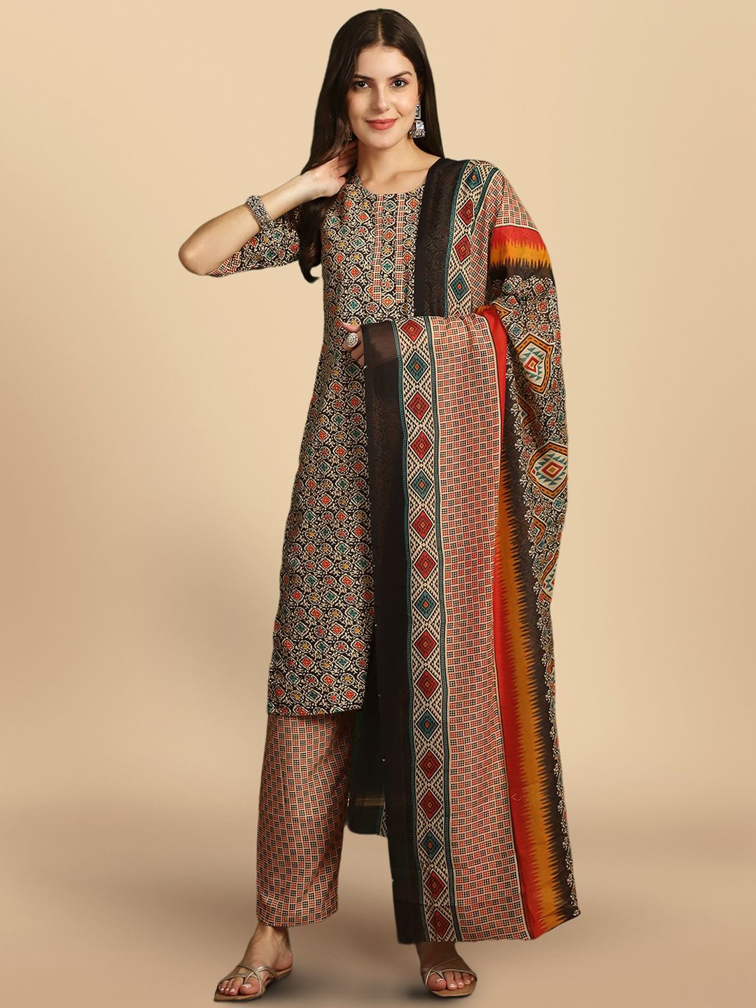 7Threads Ethnic Motifs Printed Regular Pure Cotton Straight Kurta With Trousers & Dupatta, Brown
7Threads Ethnic Motifs Printed Regular Pure Cotton Straight Kurta With Trousers & Dupatta, Brown
