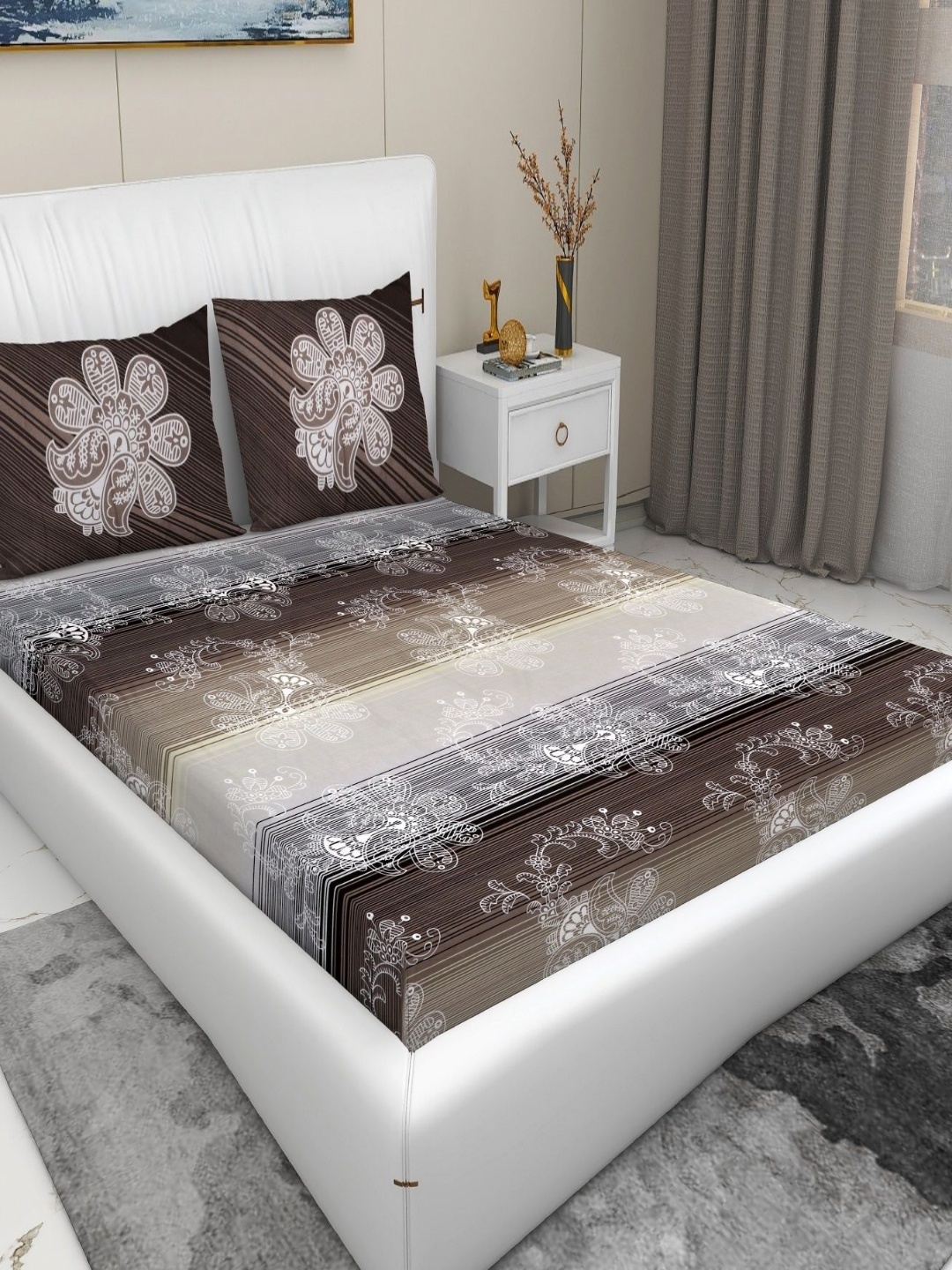 RD TREND Coffee Brown & White Printed 210 TC Pure Cotton King Bedsheet & 2 Pillow Covers
RD TREND Coffee Brown & White Printed 210 TC Pure Cotton King Bedsheet & 2 Pillow Covers