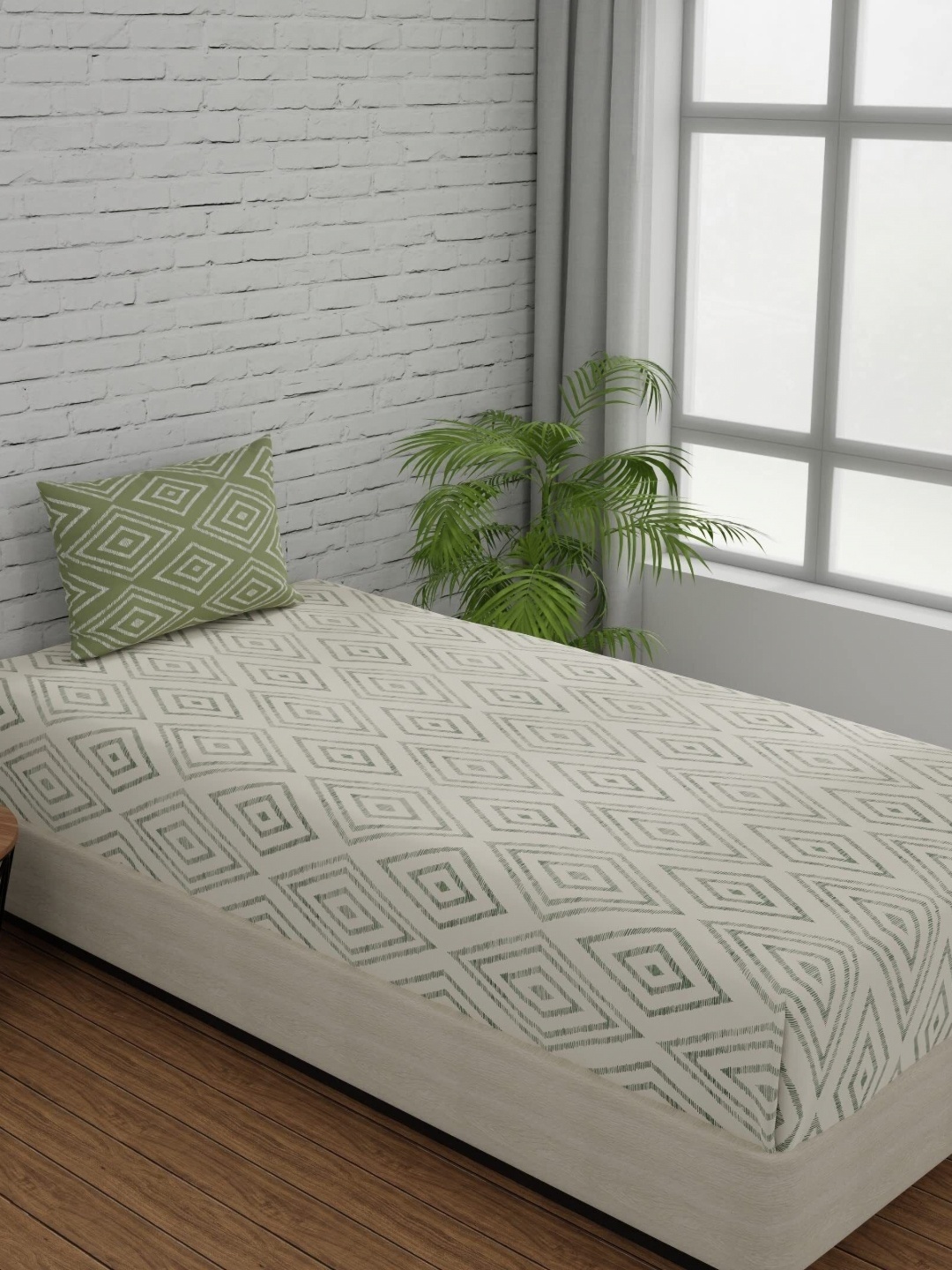 Huesland White & Green Printed 144 TC Cotton Fitted Single Bedsheet with 1 Pillow Cover
Huesland White & Green Printed 144 TC Cotton Fitted Single Bedsheet with 1 Pillow Cover