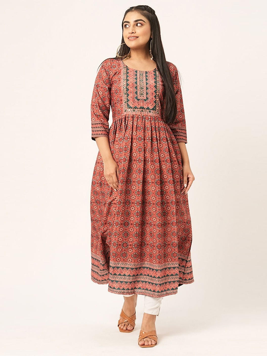 ODETTE Printed A-Line Kurta, Maroon