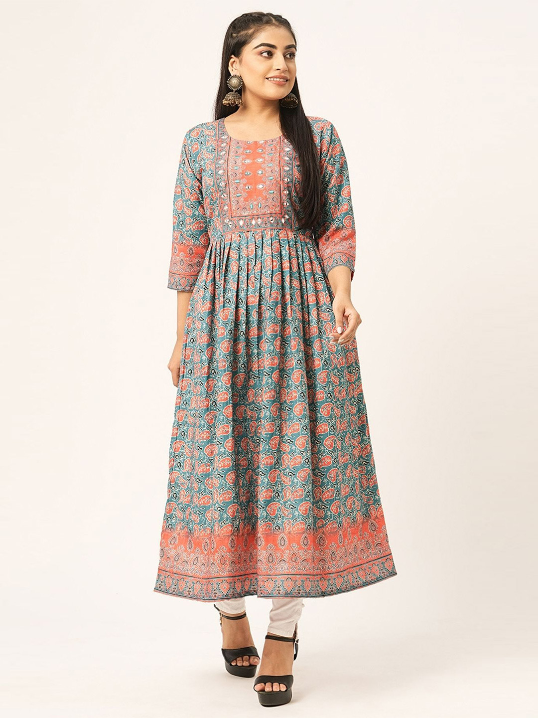 ODETTE Ethnic Motifs Printed Anarkali Kurta, Teal 
ODETTE Ethnic Motifs Printed Anarkali Kurta, Teal