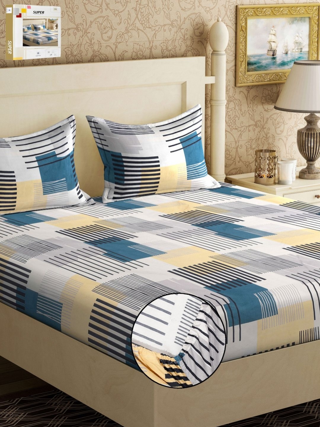 KLOTTHE Blue & White Geometric 300 TC Fitted Double King Bedsheet With 2 Pillow Covers
KLOTTHE Blue & White Geometric 300 TC Fitted Double King Bedsheet With 2 Pillow Covers