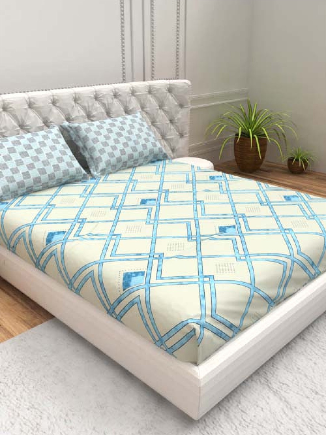 THE WHITE MOSS Cream & Blue Geometric 220 TC Pure Cotton Queen Bedsheet & 2 Pillow Covers
THE WHITE MOSS Cream & Blue Geometric 220 TC Pure Cotton Queen Bedsheet & 2 Pillow Covers
