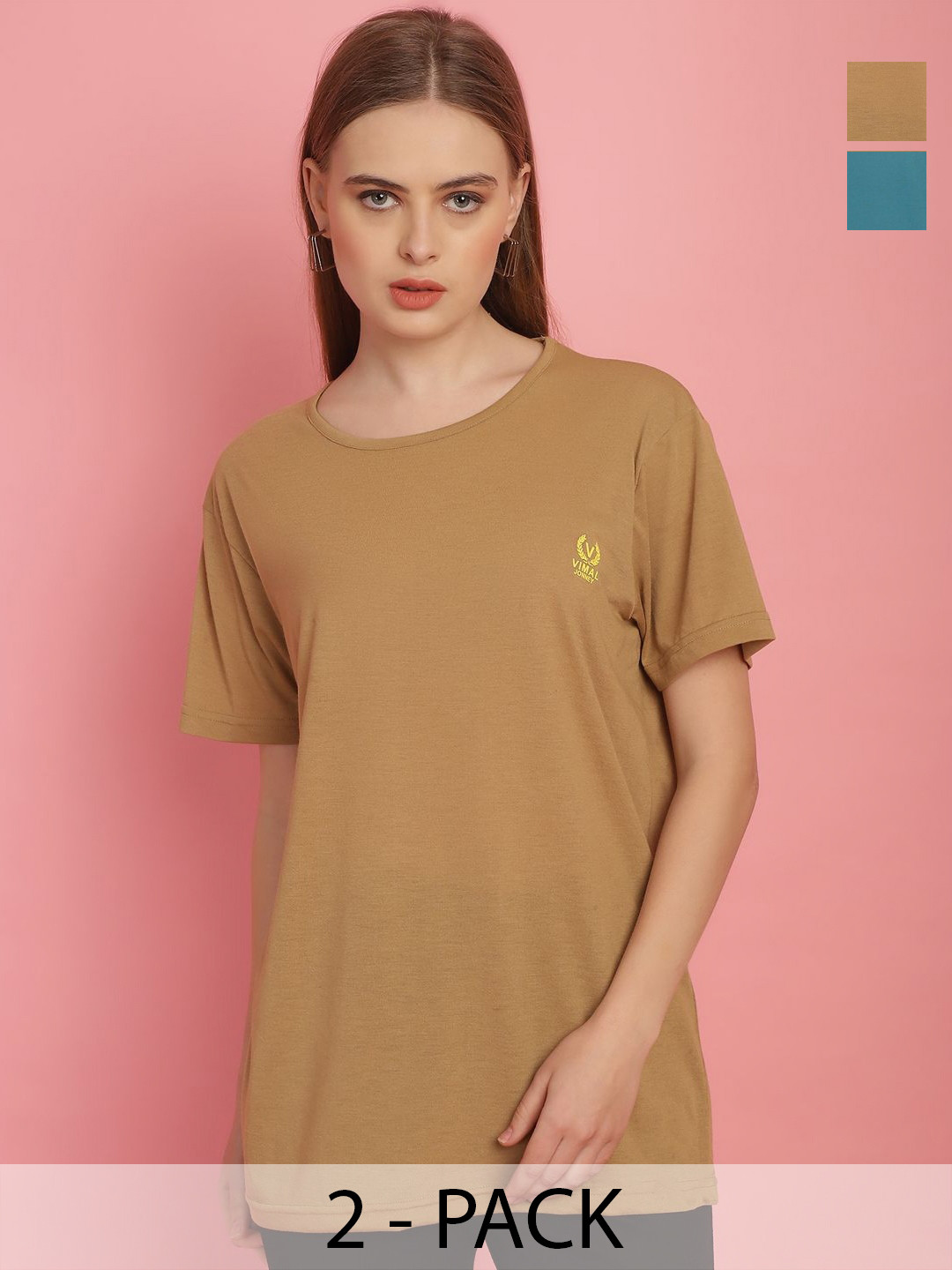 MACK JONNEY Women Pack Of 2 Solid Round Neck Cotton T-shirts, Teal
MACK JONNEY Women Pack Of 2 Solid Round Neck Cotton T-shirts, Teal