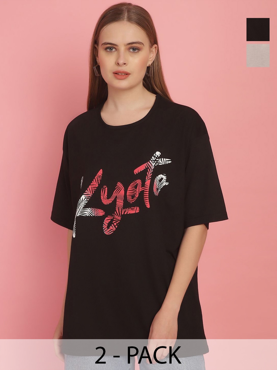 MACK JONNEY Women Pack Of 2 Typography Printed Drop-Shoulder Sleeves Oversized T-shirts, Black
MACK JONNEY Women Pack Of 2 Typography Printed Drop-Shoulder Sleeves Oversized T-shirts, Black
