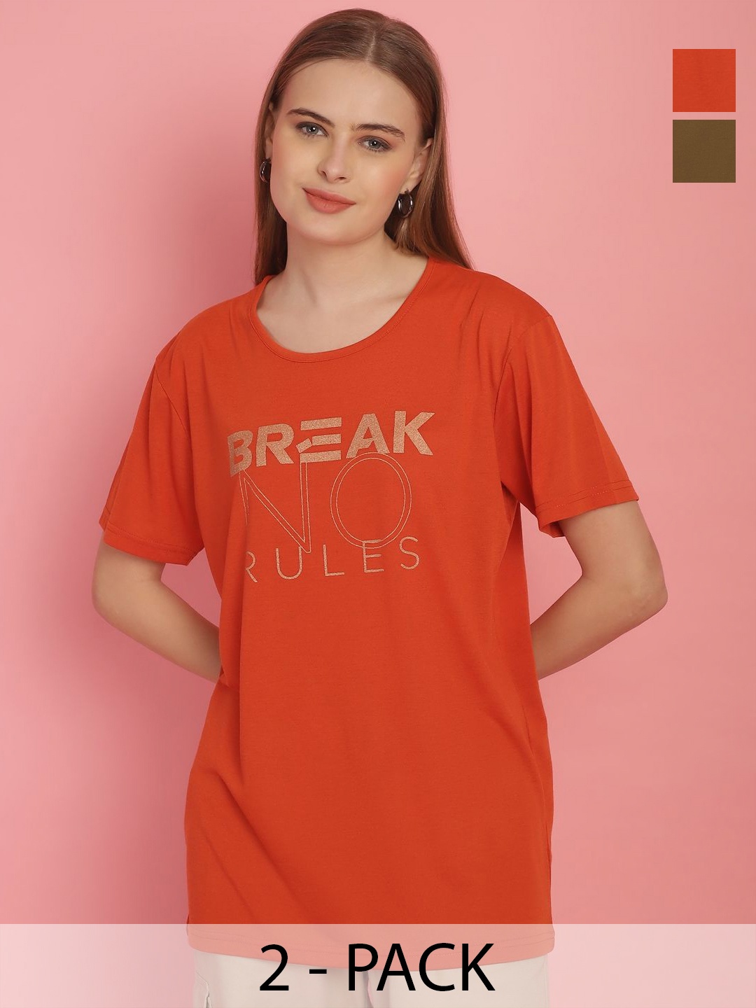 MACK JONNEY Women Pack Of 2 Typography Printed Drop-Shoulder Sleeves Oversized T-shirts, Orange
MACK JONNEY Women Pack Of 2 Typography Printed Drop-Shoulder Sleeves Oversized T-shirts, Orange