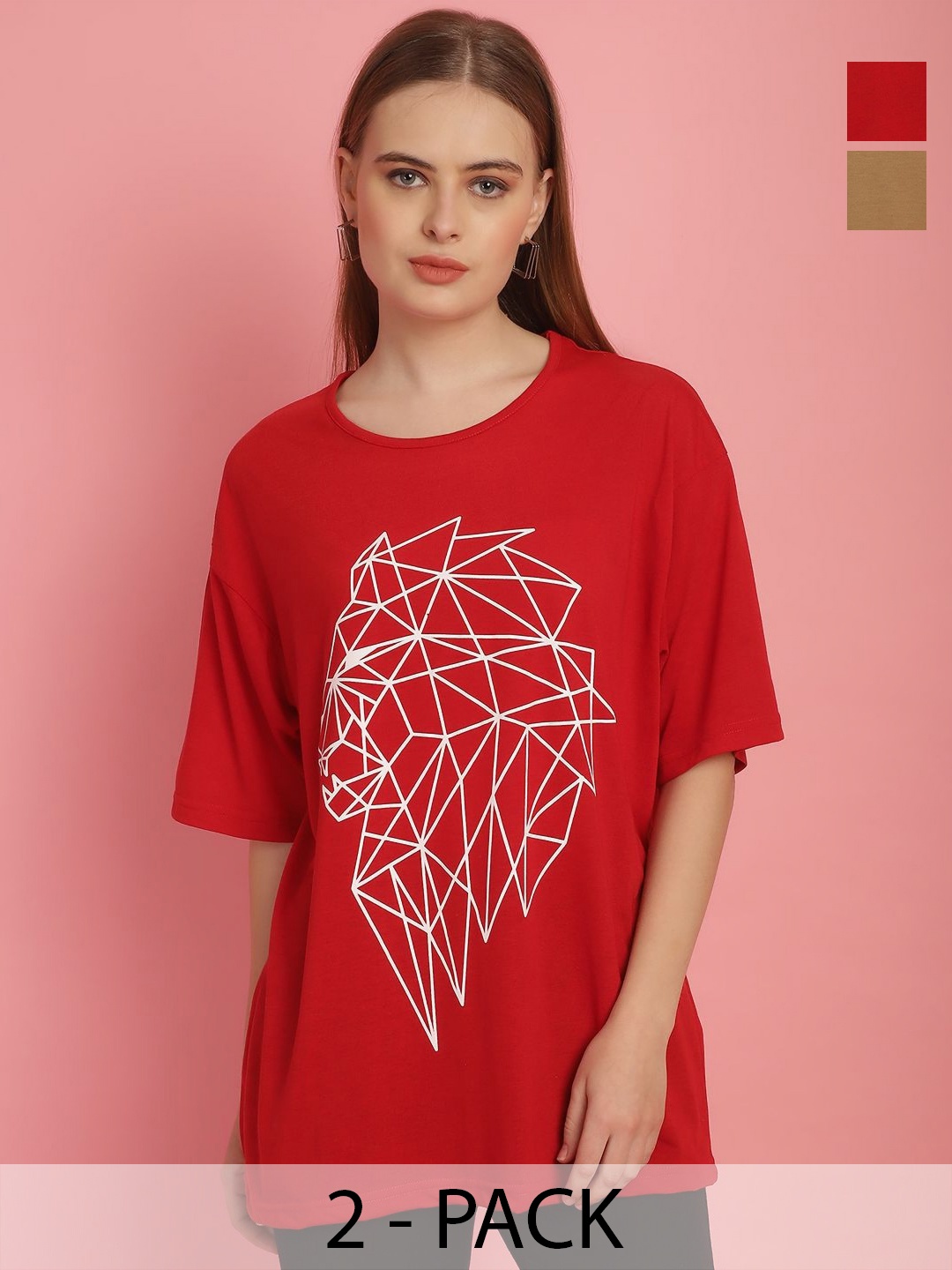 MACK JONNEY Women Pack Of 2 Graphic Printed Drop-Shoulder Sleeves Oversized T-shirts, Red
MACK JONNEY Women Pack Of 2 Graphic Printed Drop-Shoulder Sleeves Oversized T-shirts, Red