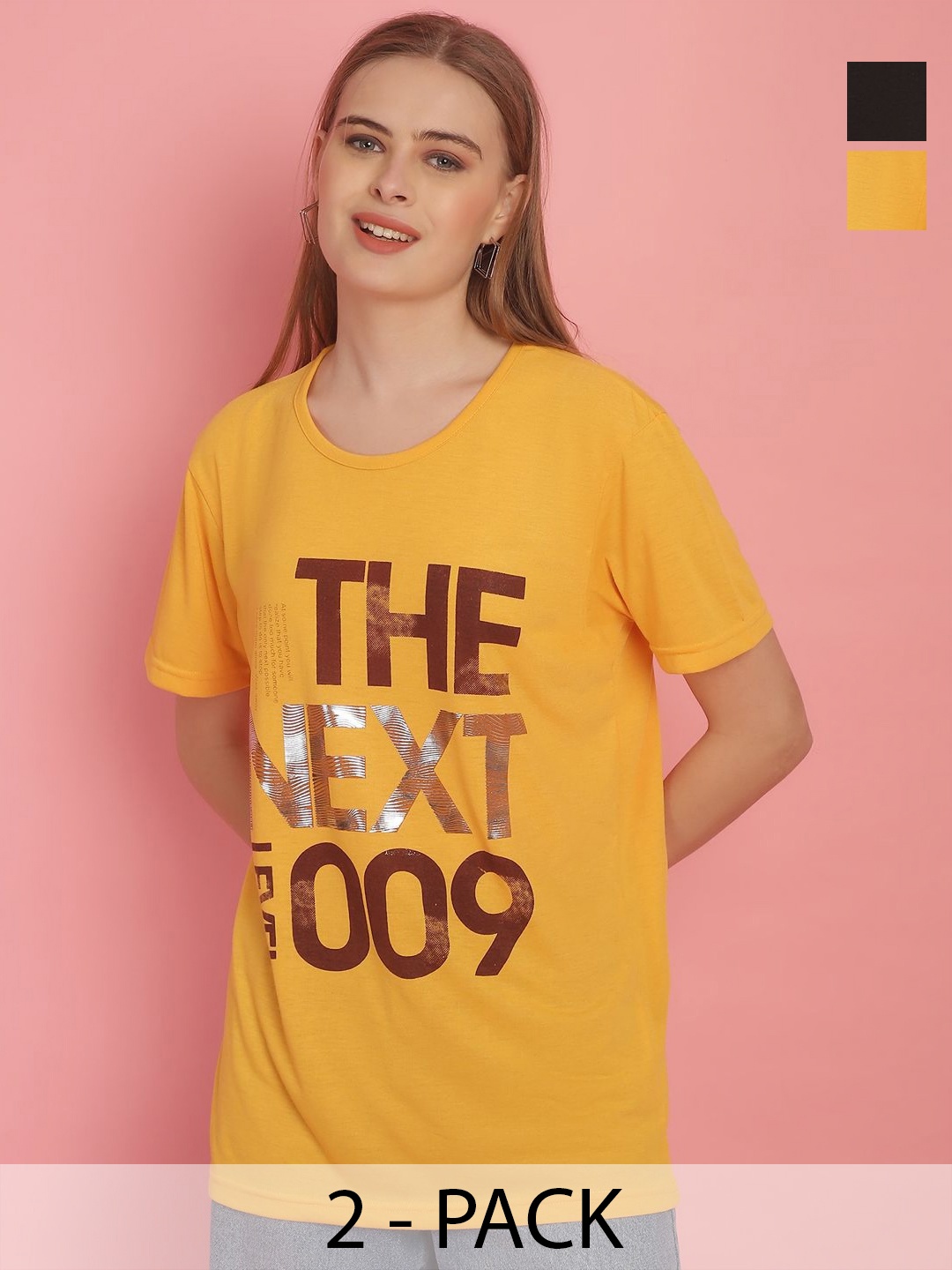 MACK JONNEY Pack Of 2 Women Typography Printed Round Neck Oversized T-shirt, Yellow
MACK JONNEY Pack Of 2 Women Typography Printed Round Neck Oversized T-shirt, Yellow