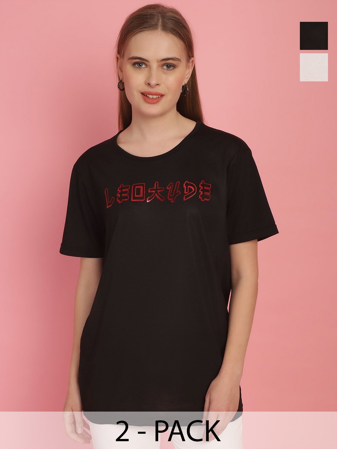 MACK JONNEY Women Pack Of 2 Typography Printed Drop-Shoulder Sleeves Oversized T-shirts, Black
MACK JONNEY Women Pack Of 2 Typography Printed Drop-Shoulder Sleeves Oversized T-shirts, Black