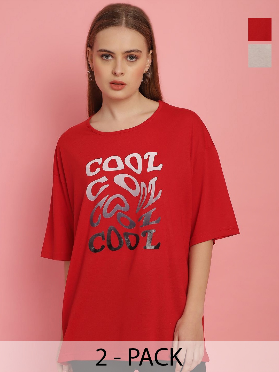 MACK JONNEY Women Pack Of 2 Typography Printed Drop-Shoulder Sleeves Oversized T-shirts, Red
MACK JONNEY Women Pack Of 2 Typography Printed Drop-Shoulder Sleeves Oversized T-shirts, Red
