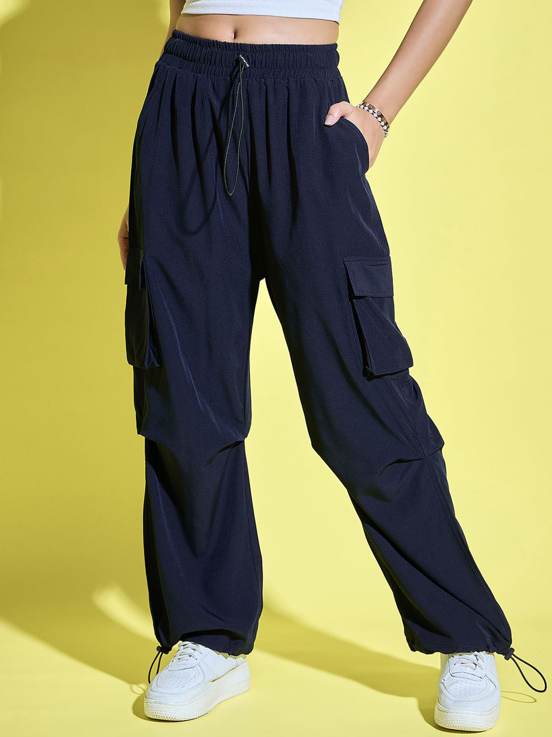 BUY NEW TREND Women Relaxed Loose Fit High-Rise Cargo Wrinkle Free Trousers, Navy blue 
BUY NEW TREND Women Relaxed Loose Fit High-Rise Cargo Wrinkle Free Trousers, Navy blue
