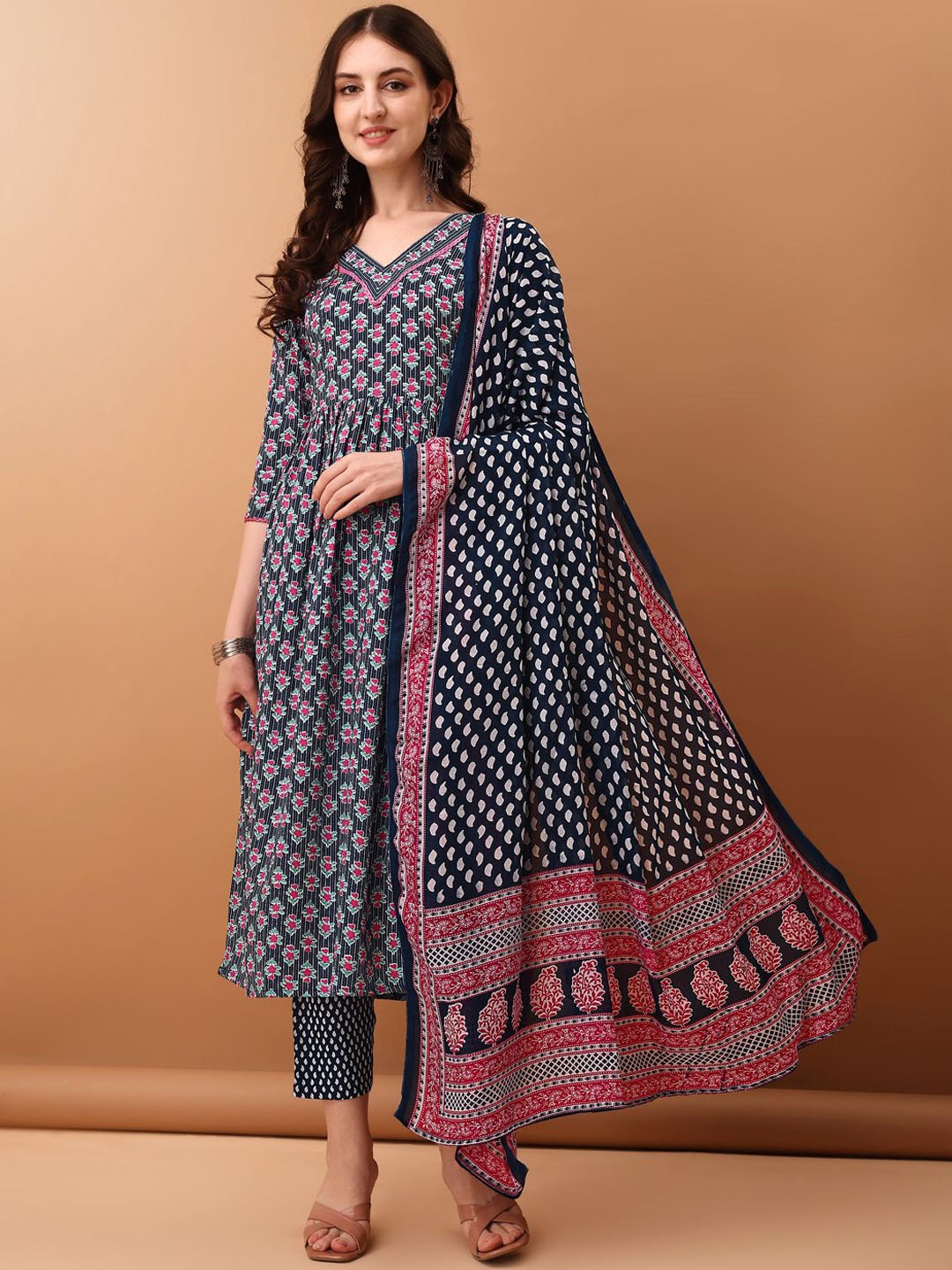 KALINI Ethnic Motifs Printed V-Neck Pleated Anarkali Kurta With Trousers & Dupatta, Blue
KALINI Ethnic Motifs Printed V-Neck Pleated Anarkali Kurta With Trousers & Dupatta, Blue