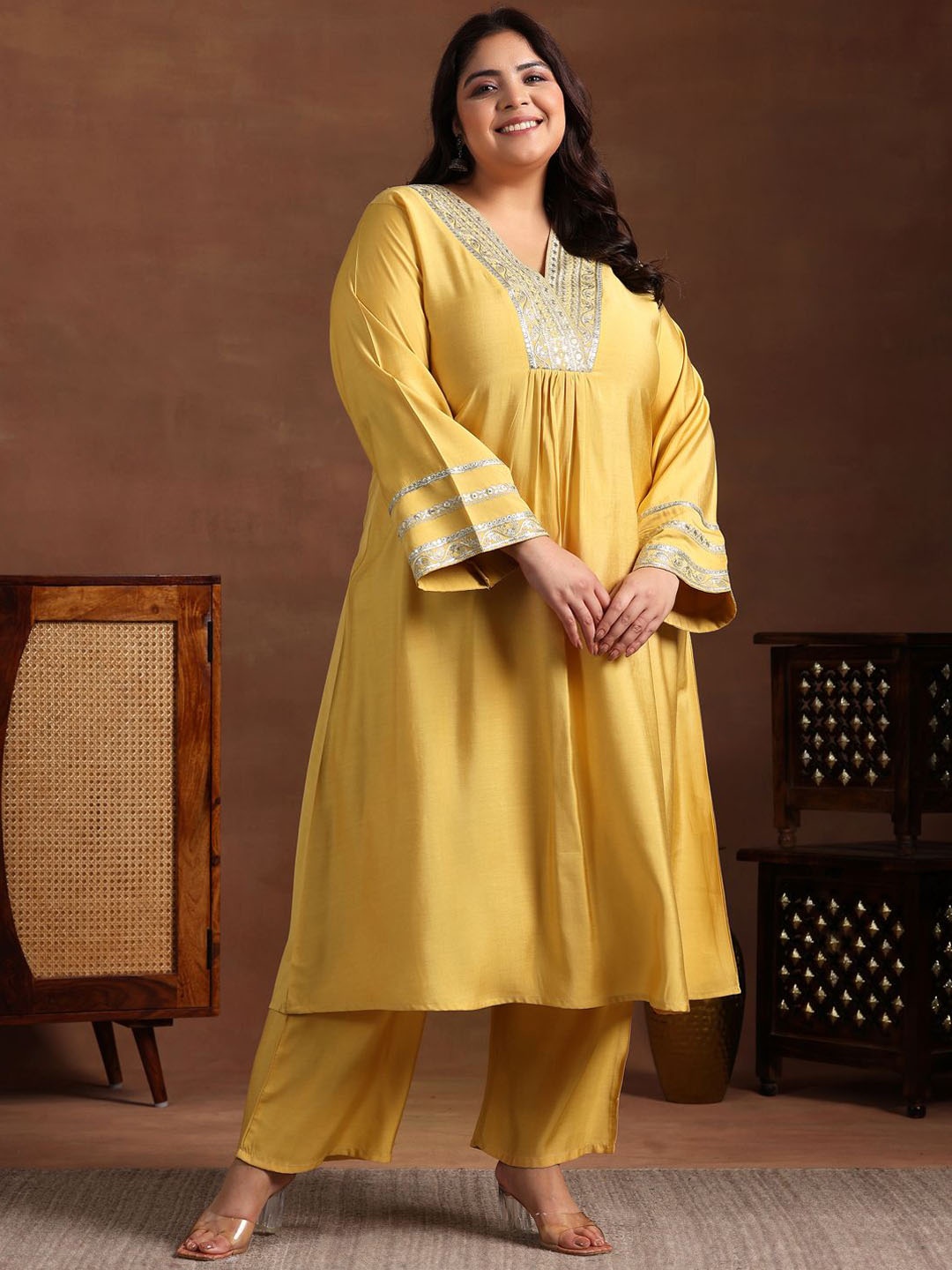 EXTRA LOVE BY LIBAS Plus Size Floral Yoke Designed Sequined Kurta with Trousers, Yellow
EXTRA LOVE BY LIBAS Plus Size Floral Yoke Designed Sequined Kurta with Trousers, Yellow