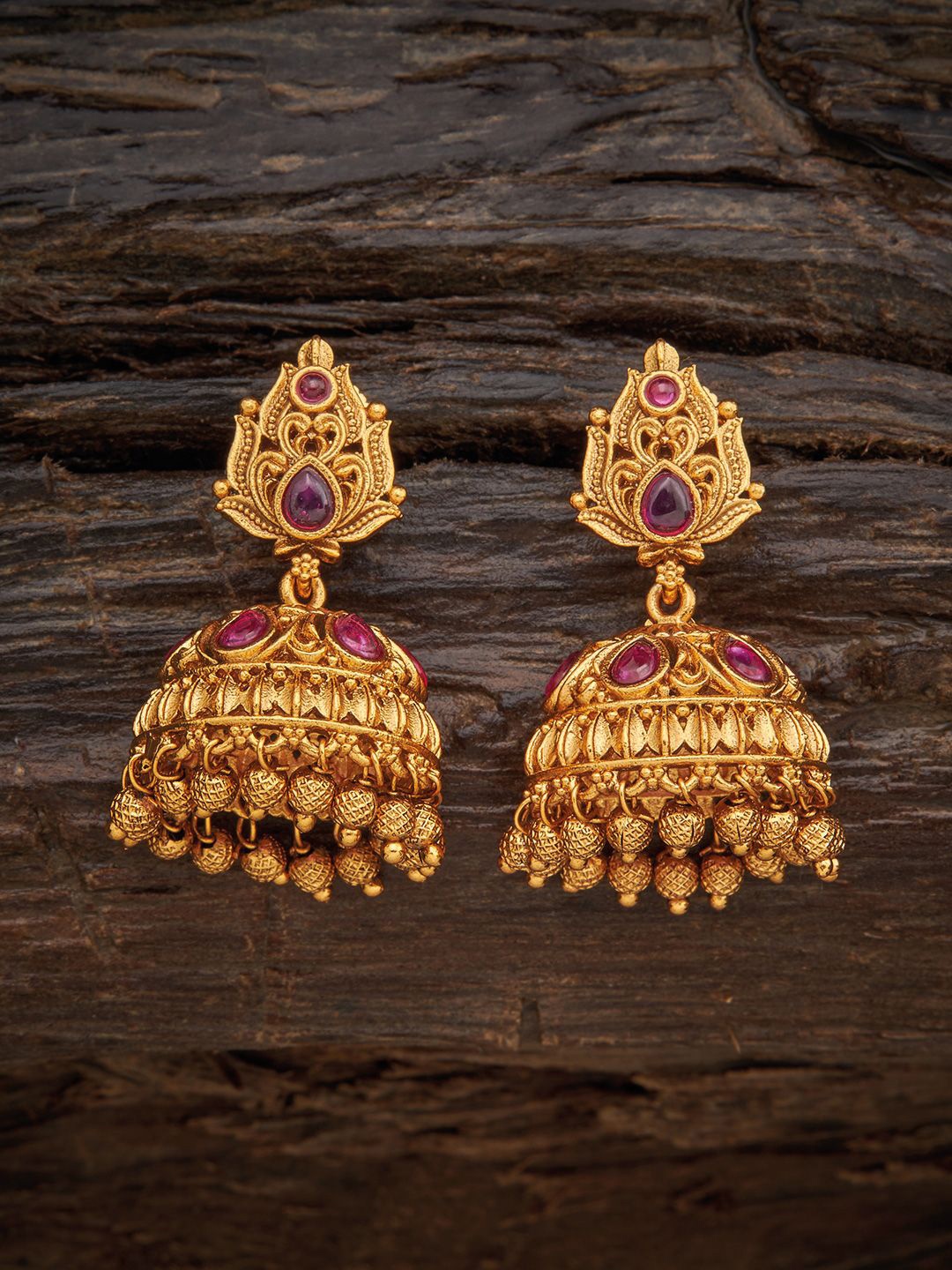 Kushal's Fashion Jewellery Gold-Plated Stone Studded Dome Shaped Antique Jhumkas, Red
Kushal's Fashion Jewellery Gold-Plated Stone Studded Dome Shaped Antique Jhumkas, Red