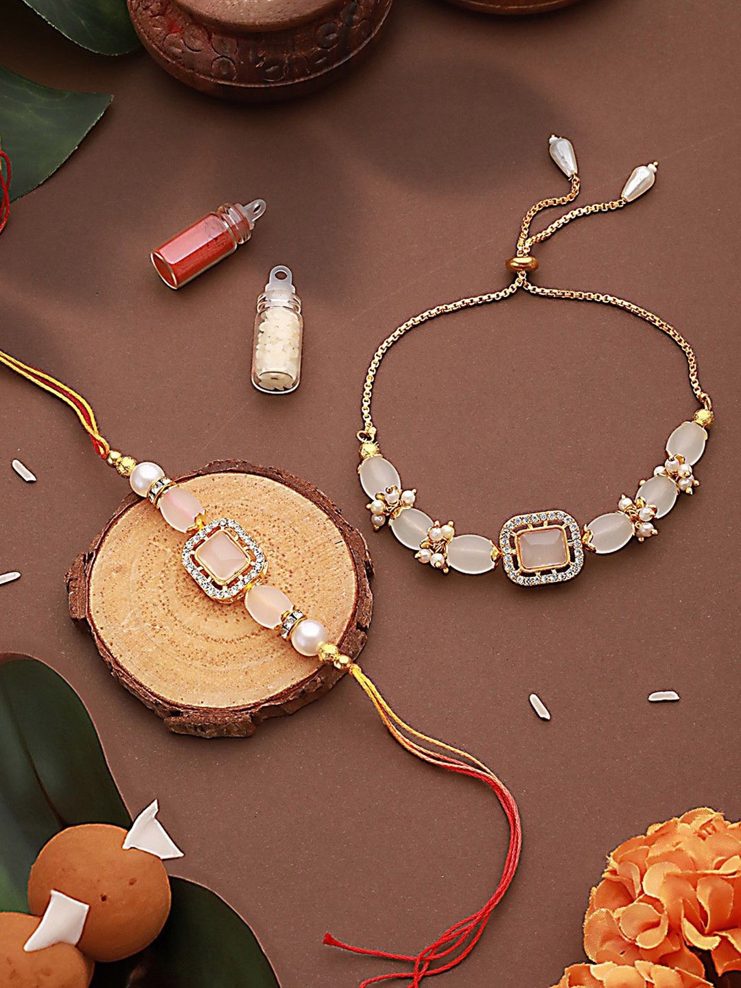 Jazz and Sizzle Stone & CZ Studded Bhaiya Bhabhi Chain Rakhi With Roli & Chawal, Pink
Jazz and Sizzle Stone & CZ Studded Bhaiya Bhabhi Chain Rakhi With Roli & Chawal, Pink