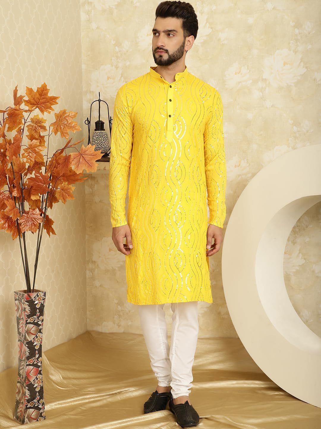 Nimidiya Abstract Embroidered Mandarin Collar Sequinned Straight Kurta with Pyjamas, Yellow
Nimidiya Abstract Embroidered Mandarin Collar Sequinned Straight Kurta with Pyjamas, Yellow