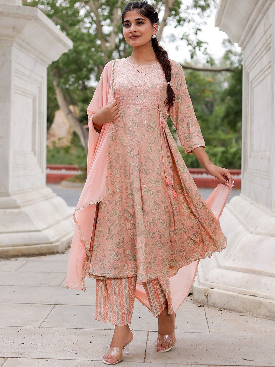 VASVI Floral Embroidered Mirror Work Pure Cotton A-Line Kurta With Palazzos & Dupatta, Peach
VASVI Floral Embroidered Mirror Work Pure Cotton A-Line Kurta With Palazzos & Dupatta, Peach